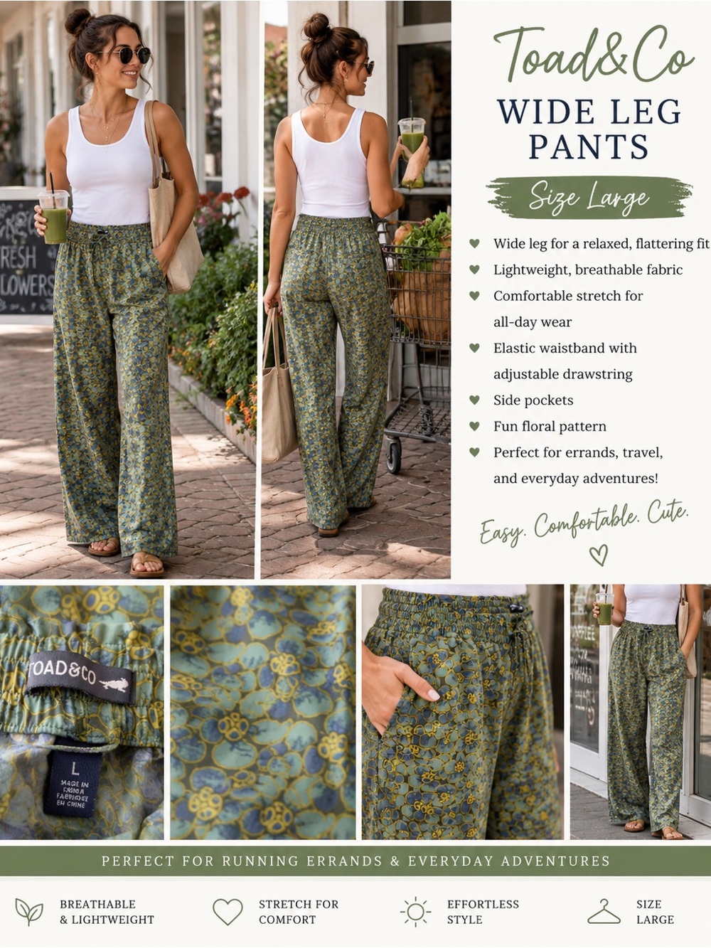 Toad&Co Olive Green Floral Wide Leg Pants